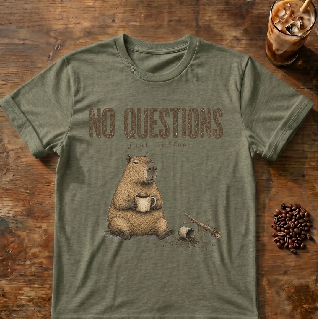 Capybara coffee graphic for No Questions Capybara on heather-military-green T-shirt