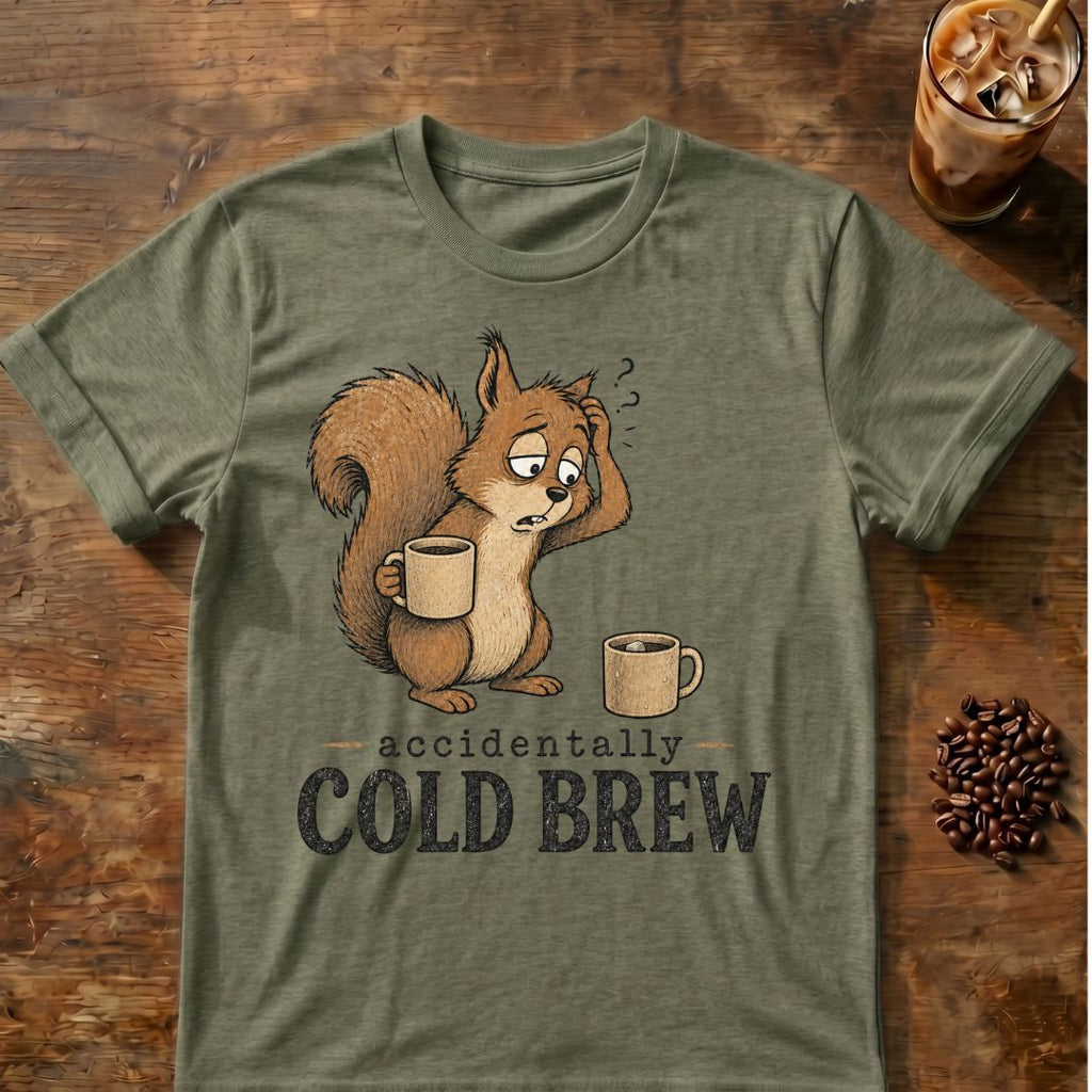 Cold brew squirrel coffee graphic on a Heather Military Green T-shirt