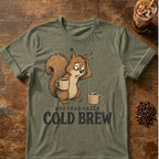 Cold brew squirrel coffee graphic on a Heather Military Green T-shirt