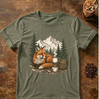 Fox coffee graphic for Mountain Fox Camp Coffee on heather-military-green T-shirt