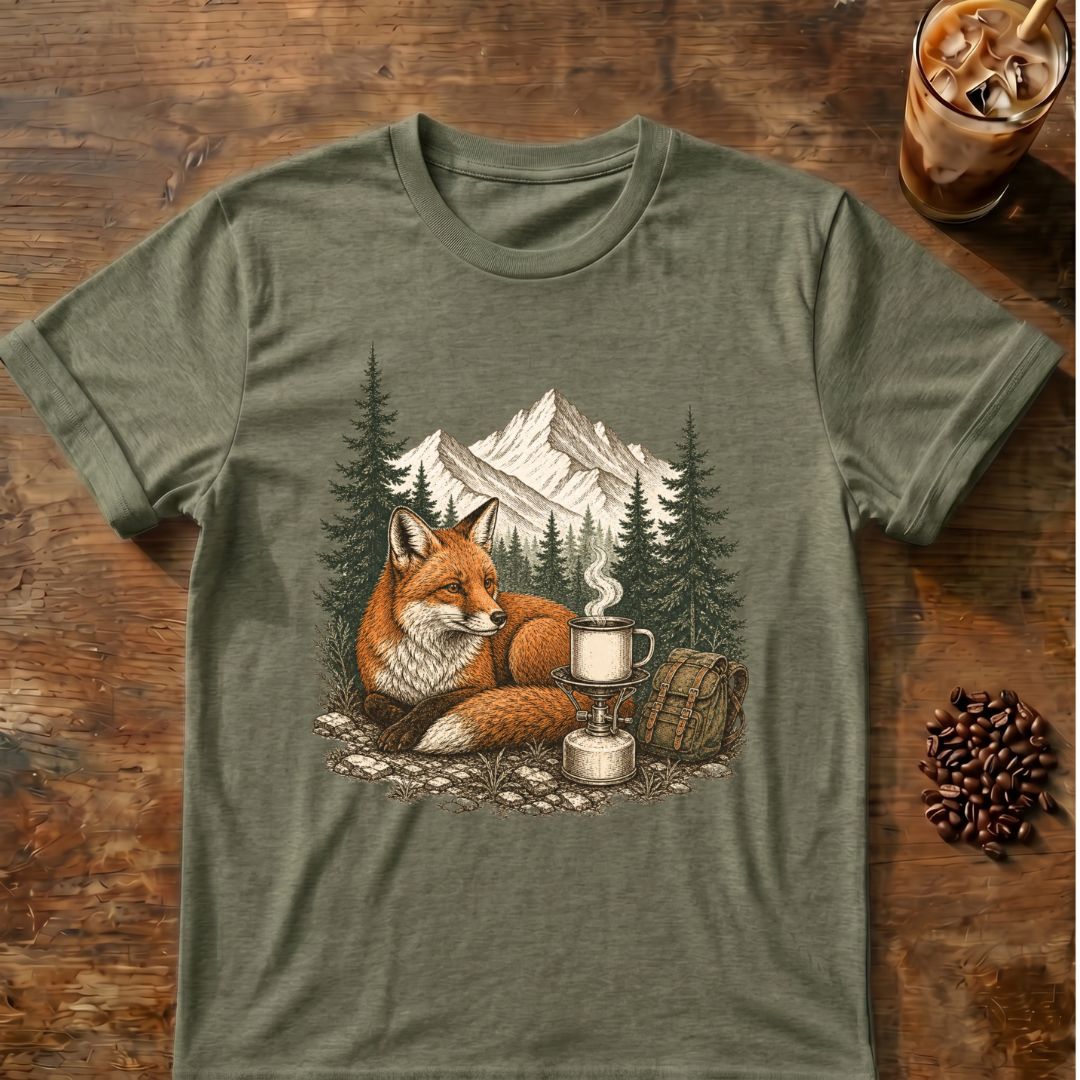 Fox coffee graphic for Mountain Fox Camp Coffee on heather-military-green T-shirt