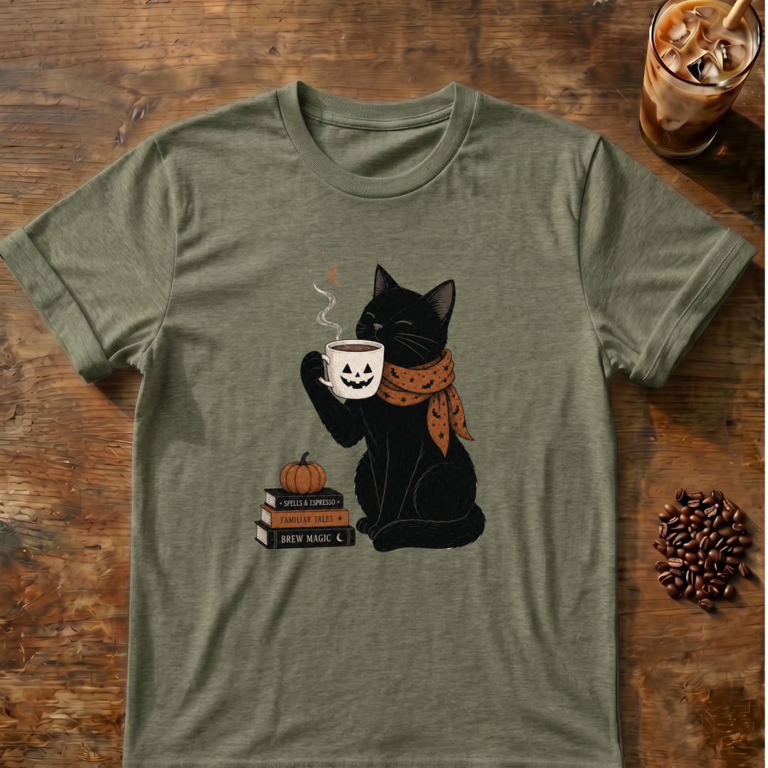 Cat coffee graphic for Halloween Black Cat Coffee on heather-military-green T-shirt