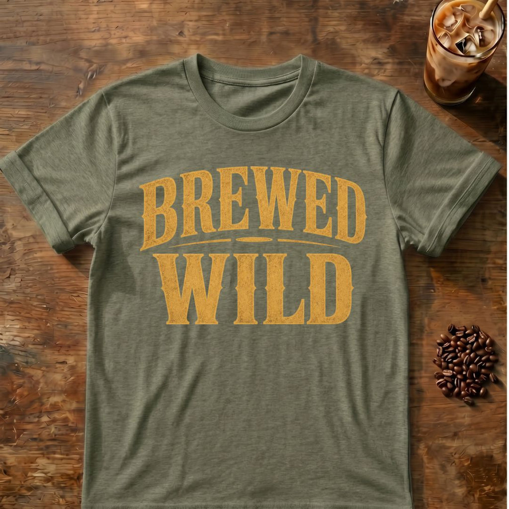 Coffee graphic for Brewed Wild Text on heather-military-green T-shirt