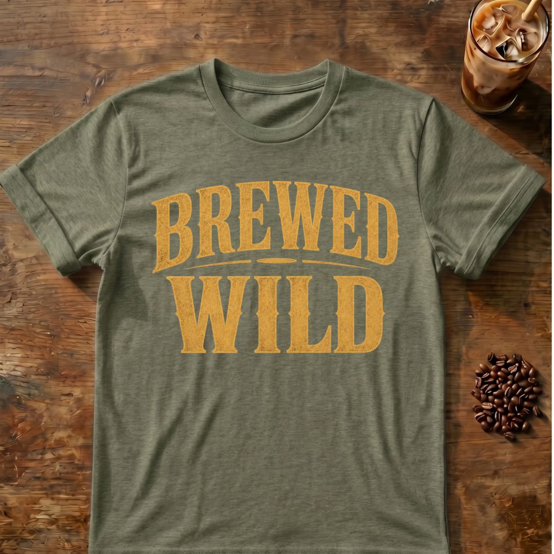 Coffee graphic for Brewed Wild Text on heather-military-green T-shirt