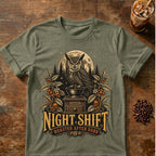 Owl coffee graphic for Night Shift Owl Coffee on heather-military-green T-shirt