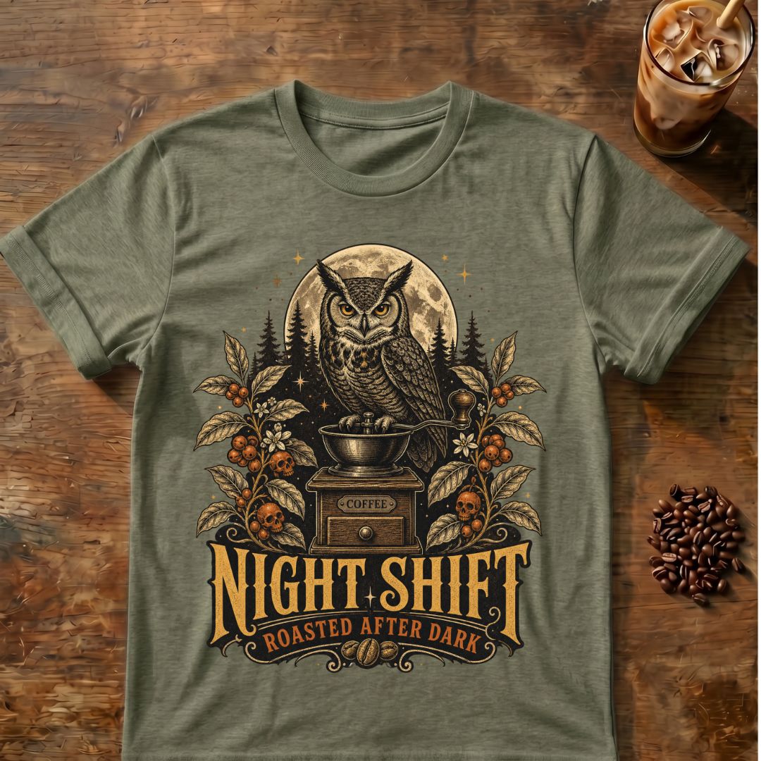 Owl coffee graphic for Night Shift Owl Coffee on heather-military-green T-shirt