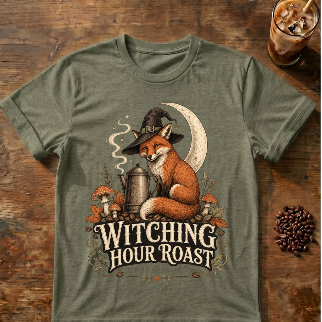 Fox coffee graphic for Witching Hour Roast Fox on heather-military-green T-shirt