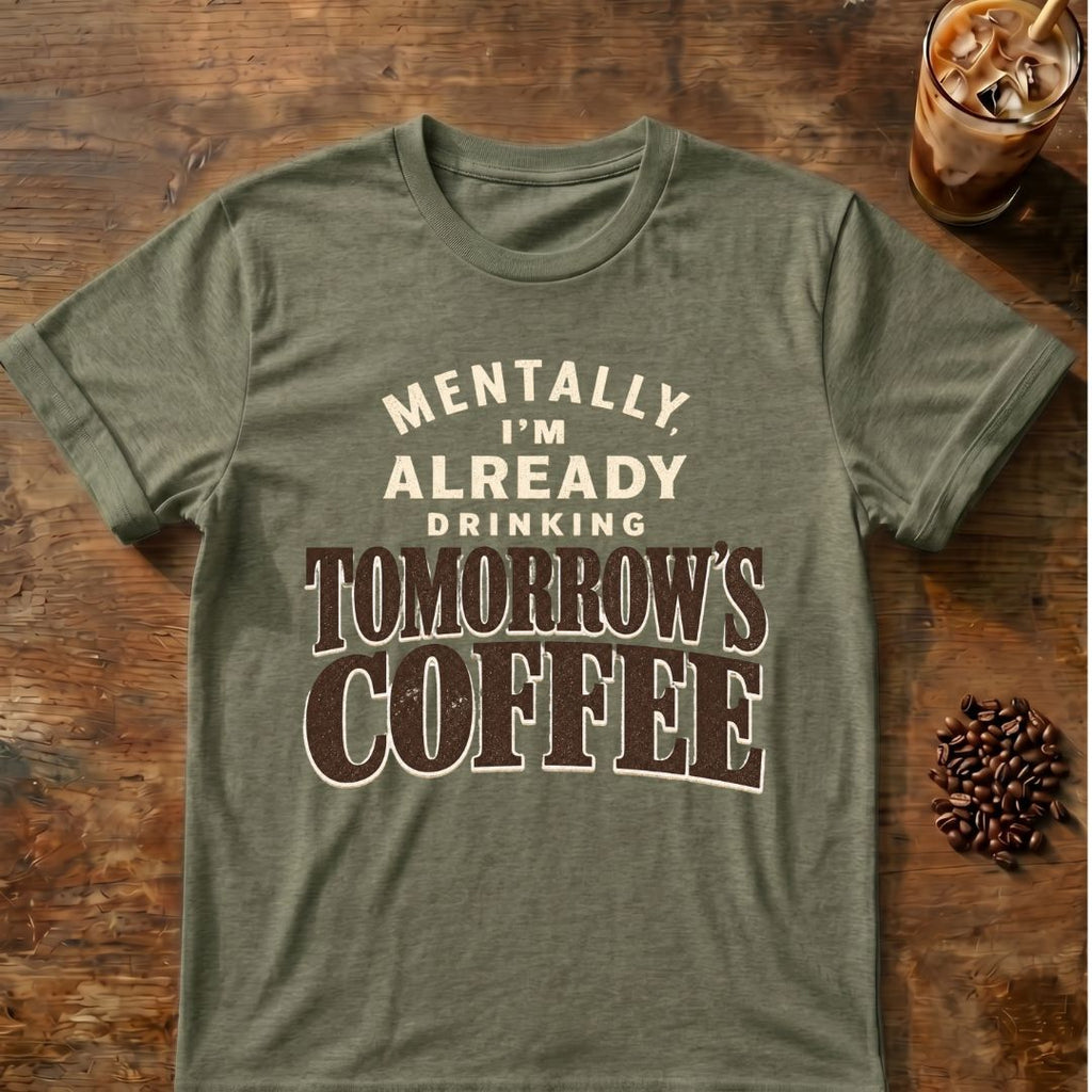 Coffee graphic for Mentally Drinking Tomorrow's Coffee on heather-military-green T-shirt