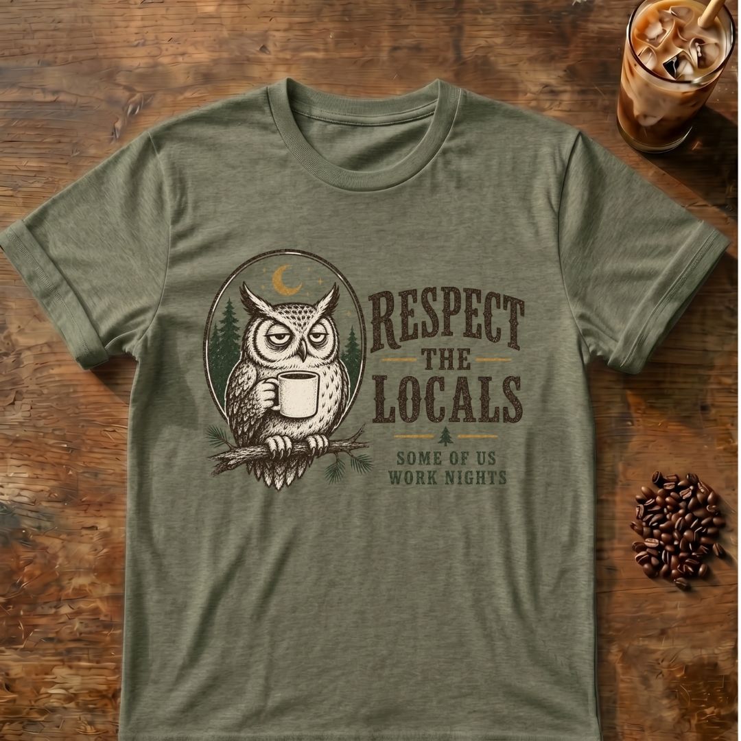 Owl coffee graphic for Respect the Locals Owl on heather-military-green T-shirt