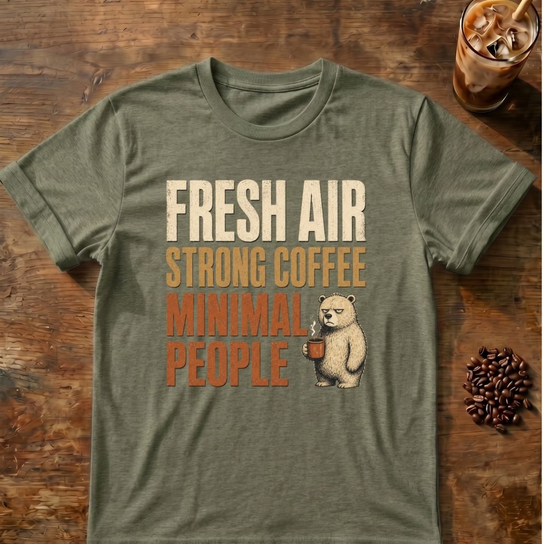 Bear coffee graphic for Fresh Air on heather-military-green T-shirt
