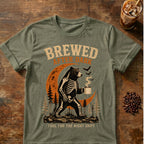Bear coffee graphic for Brewed After Dark Bear Halloween on heather-military-green T-shirt