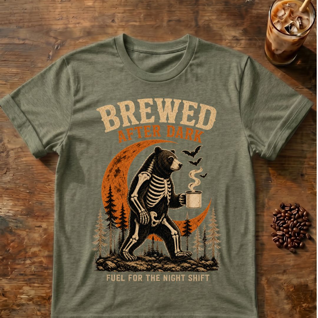 Bear coffee graphic for Brewed After Dark Bear Halloween on heather-military-green T-shirt