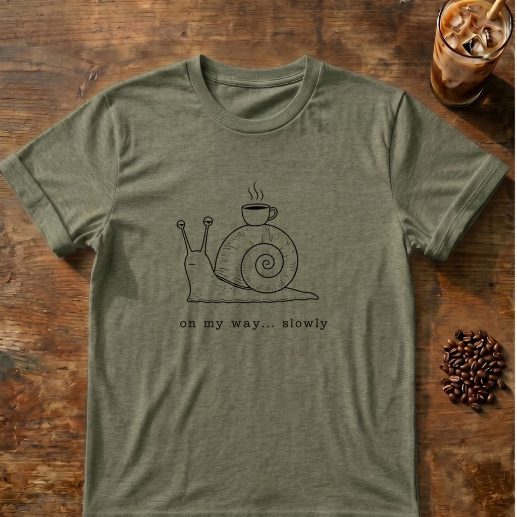 Snail coffee graphic for Minimal Snail with Coffee on heather-military-green T-shirt