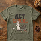 Weasel coffee graphic for Act Casual Weasel on heather-military-green T-shirt