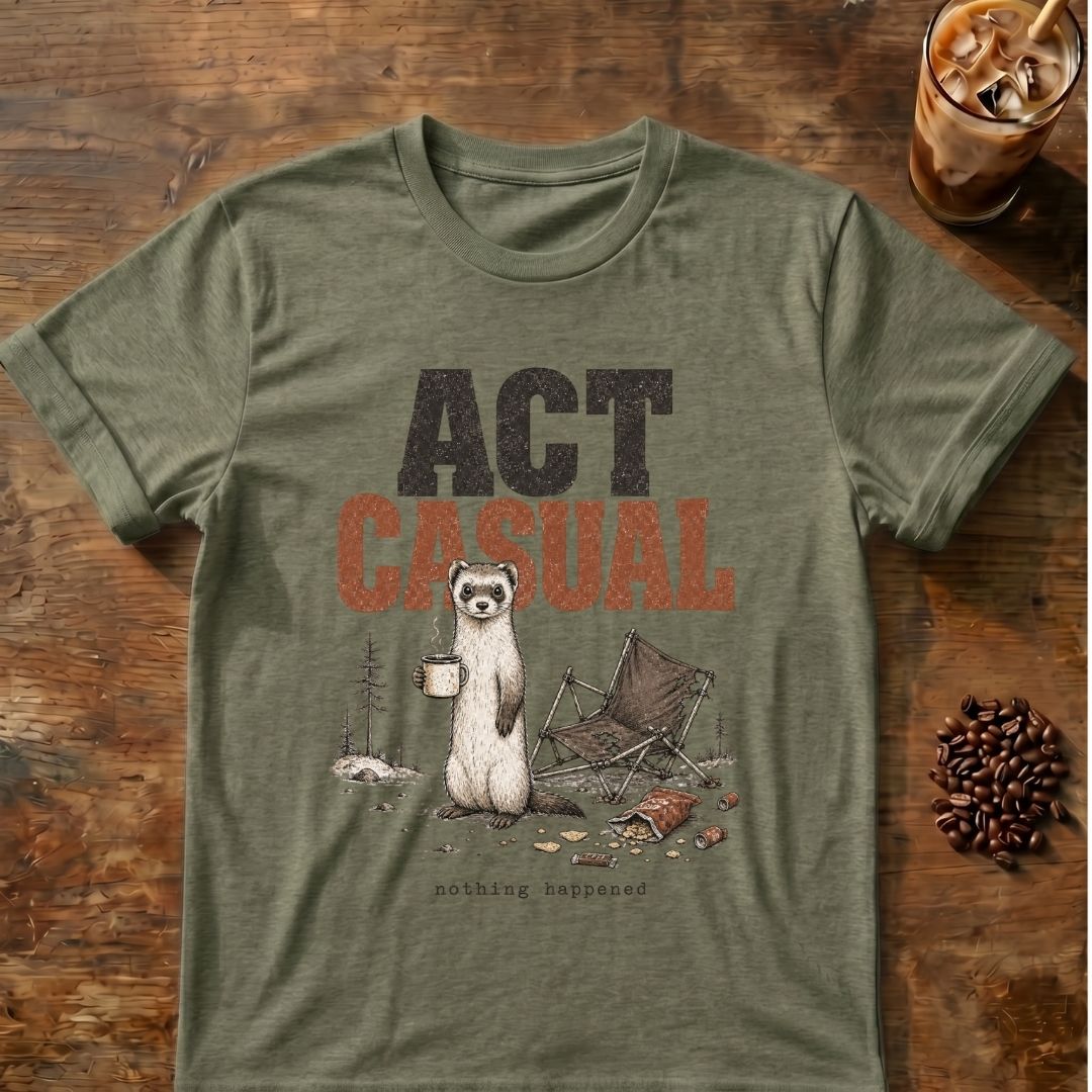 Weasel coffee graphic for Act Casual Weasel on heather-military-green T-shirt