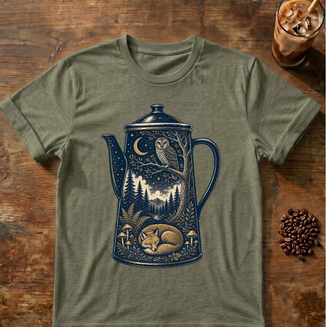 Owl coffee graphic for Moonlit Woodland Coffee Pot on heather-military-green T-shirt