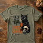 Cat coffee graphic for I Don't Need Therapy Cat on heather-military-green T-shirt