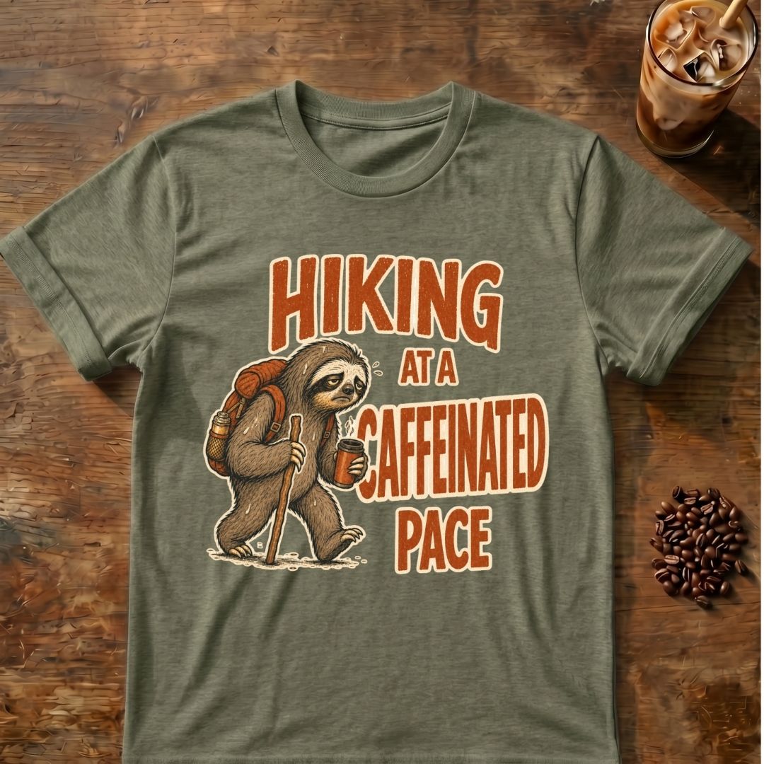 Sloth coffee graphic for Pace Sloth on heather-military-green T-shirt