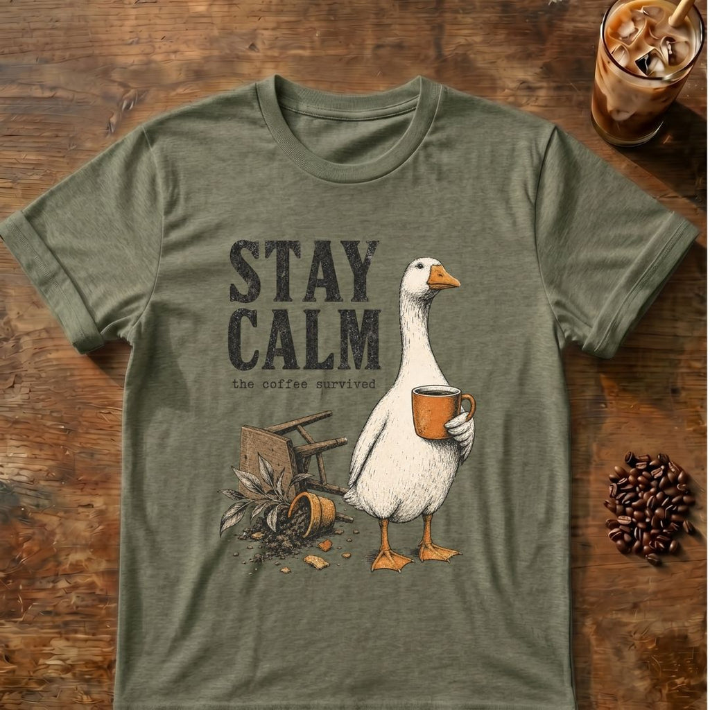Goose coffee graphic for Stay Calm Goose on heather-military-green T-shirt