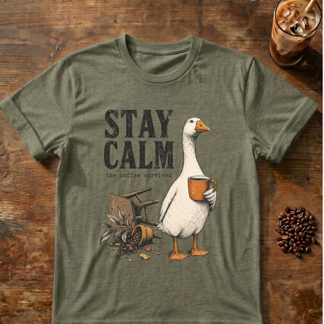 Goose coffee graphic for Stay Calm Goose on heather-military-green T-shirt