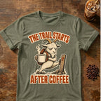 Goat coffee graphic for Trail Starts on heather-military-green T-shirt