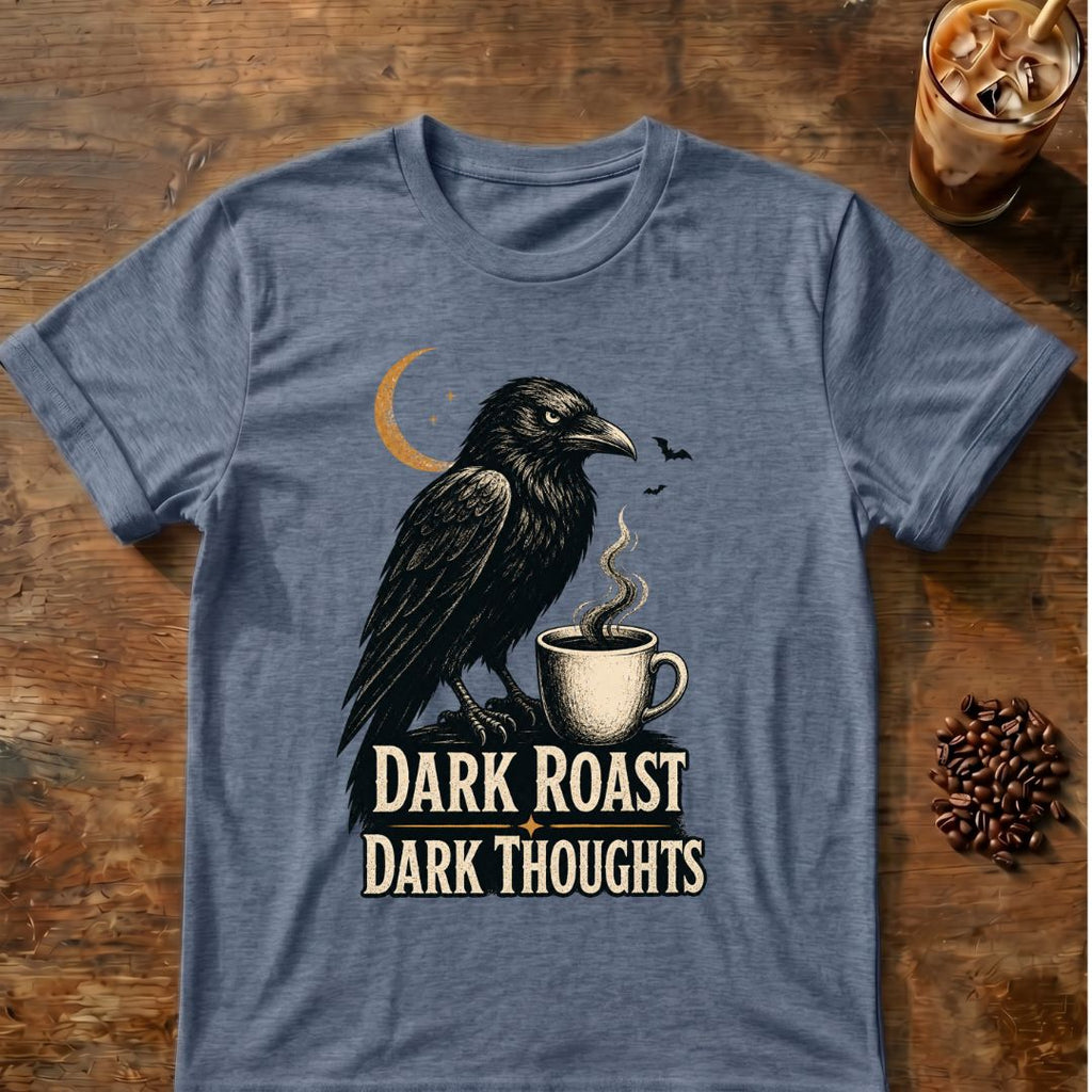 Raven coffee graphic for Dark Roast Dark Thoughts Raven on heather-indigo T-shirt