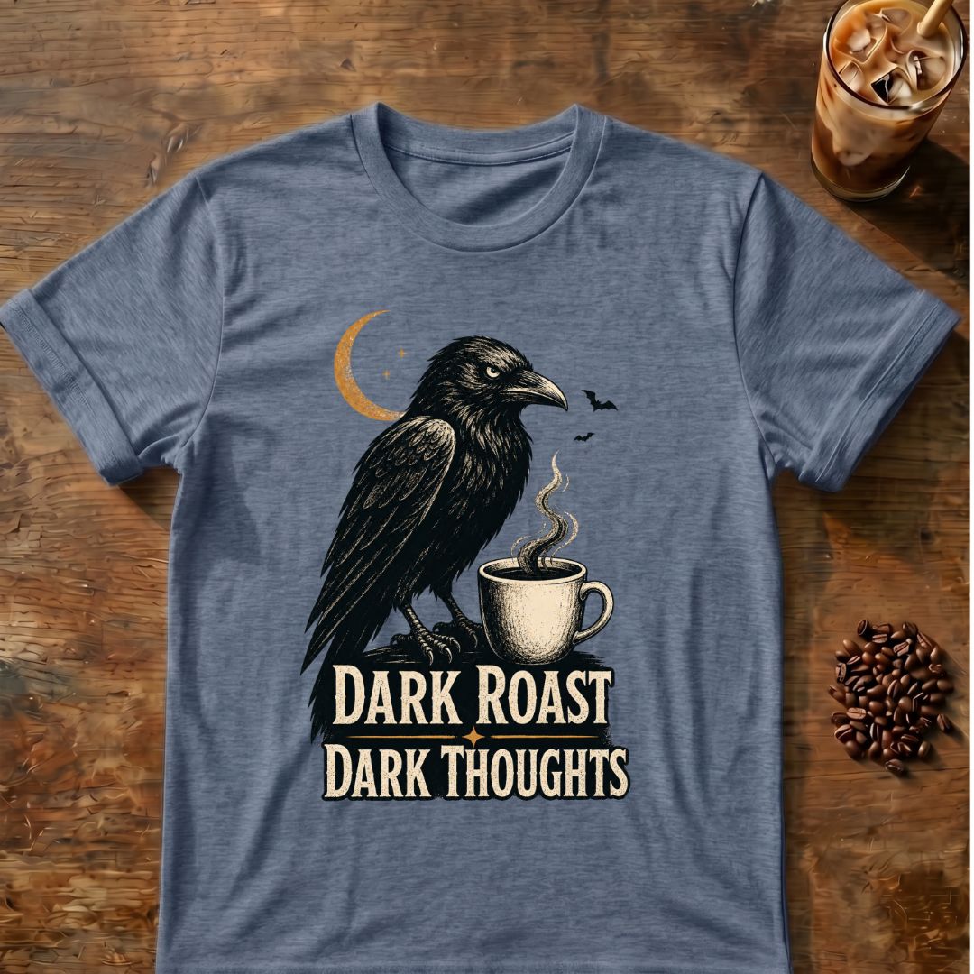 Raven coffee graphic for Dark Roast Dark Thoughts Raven on heather-indigo T-shirt