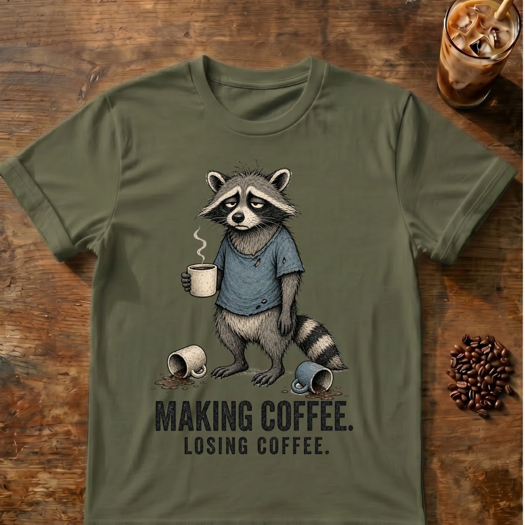 Raccoon coffee graphic on a Military Green T-shirt