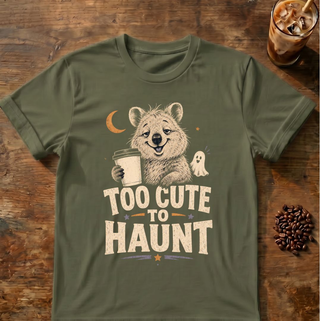 Quokka coffee graphic for Too Cute to Haunt Quokka on military-green T-shirt