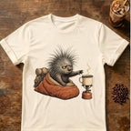 An off-white crewneck t-shirt featuring a detailed graphic of a porcupine sitting in an orange-brown sleeping bag next to a steaming coffee mug, laid flat on a rustic wooden table with coffee beans and an iced coffee in the background.