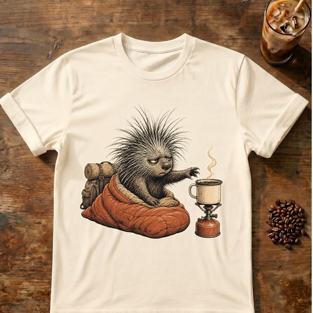 An off-white crewneck t-shirt featuring a detailed graphic of a porcupine sitting in an orange-brown sleeping bag next to a steaming coffee mug, laid flat on a rustic wooden table with coffee beans and an iced coffee in the background.