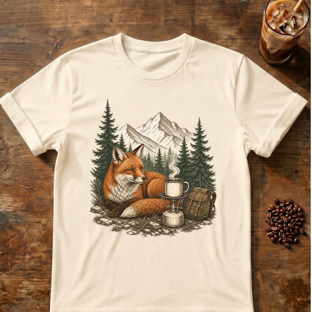 Red fox resting beside a steaming camp coffee mug and backpack with pine forest and mountains behind