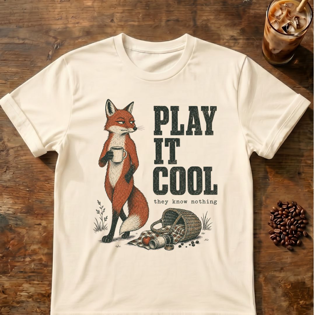 Fox coffee graphic for Play It Cool Fox on natural T-shirt