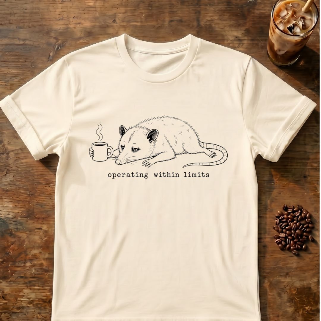 Exhausted opossum lying beside a steaming coffee mug with “operating within limits” text