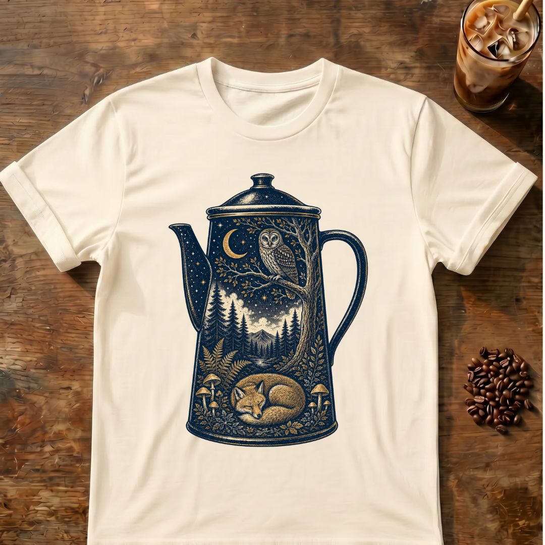 Owl coffee graphic for Moonlit Woodland Coffee Pot on natural T-shirt