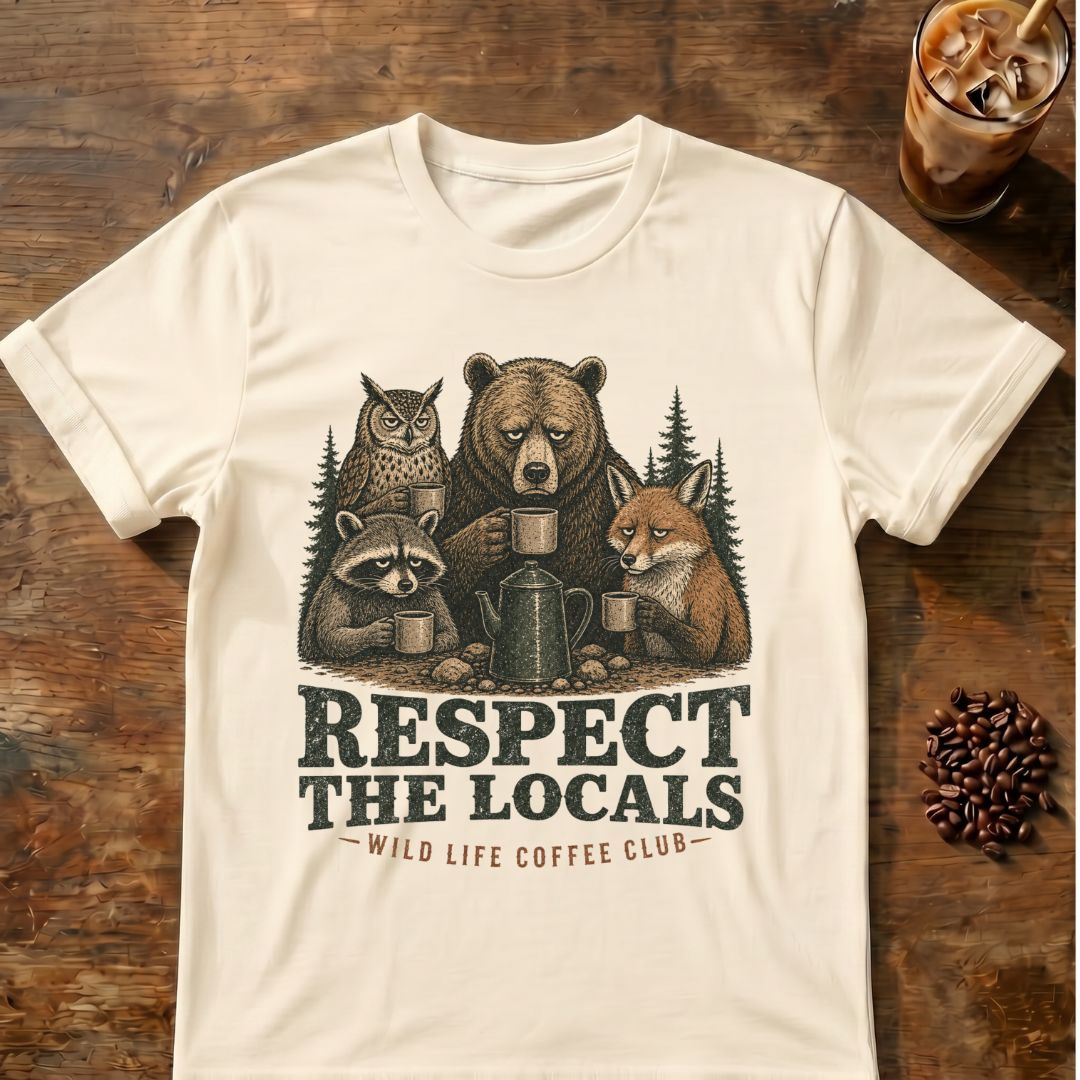 Raccoon coffee graphic for Respect the Locals Coffee Club on natural T-shirt