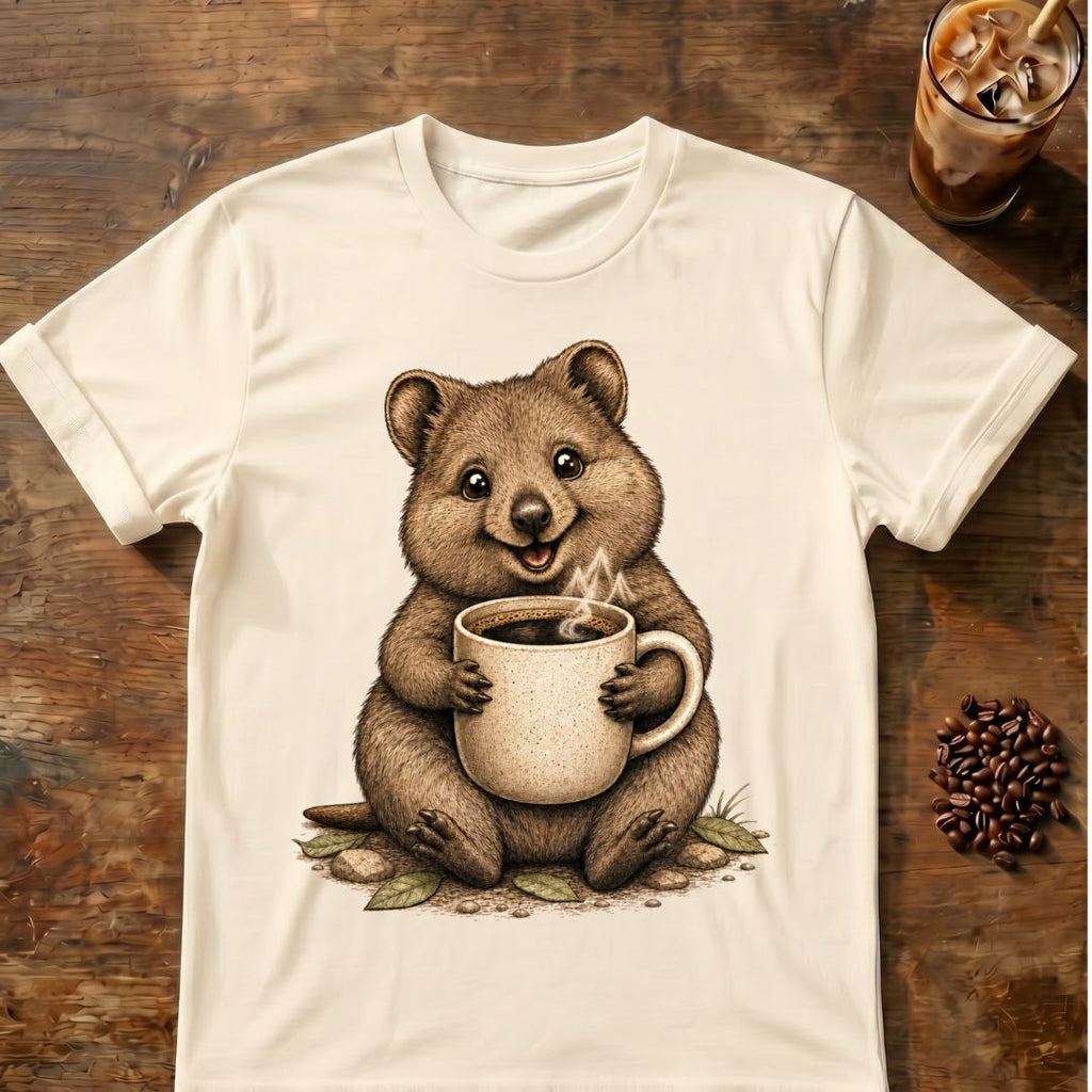 Quokka coffee graphic on a Natural T-shirt