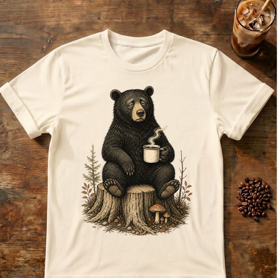 Bear coffee graphic for Sleepy Bear Coffee on natural T-shirt