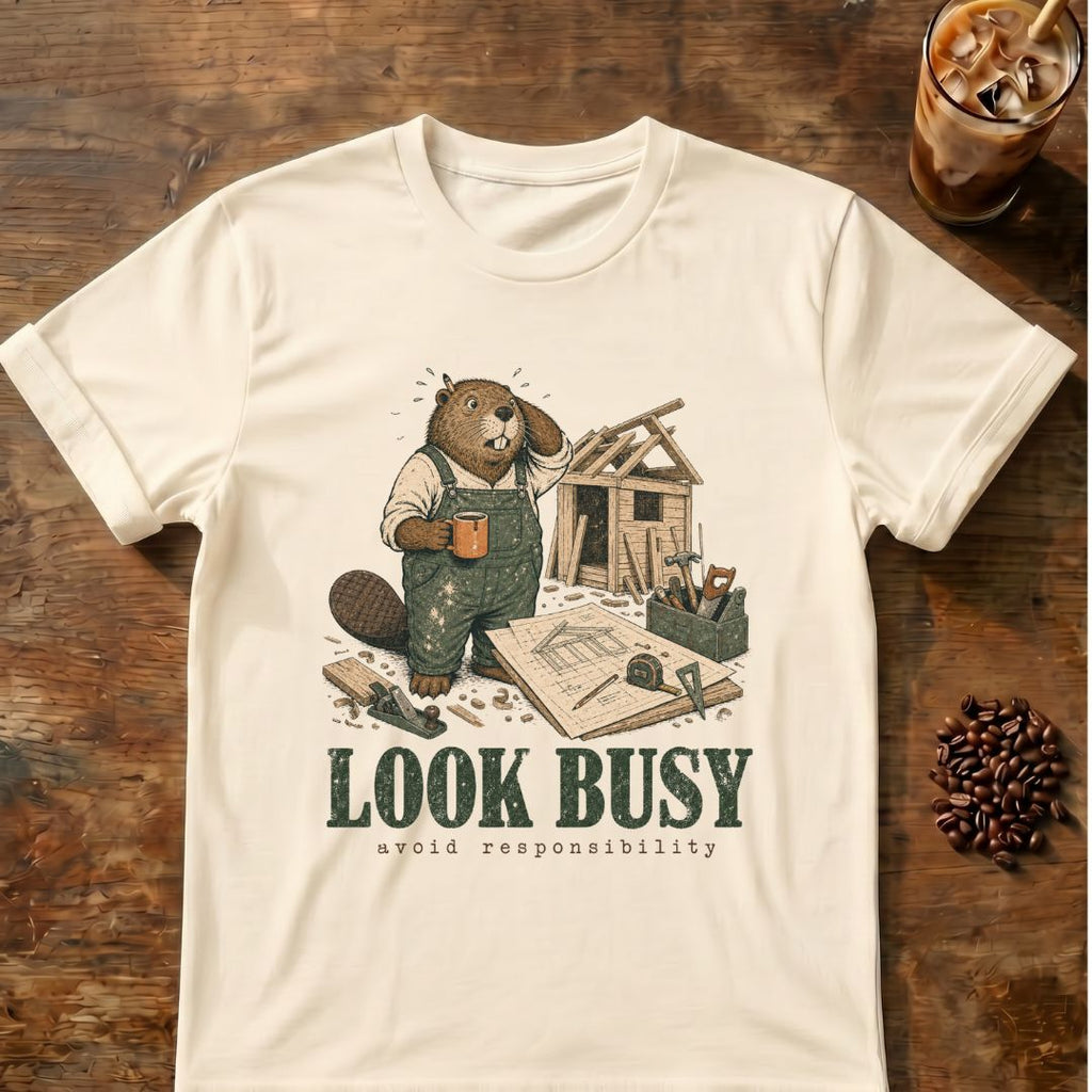 Beaver coffee graphic for Look Busy Beaver on natural T-shirt
