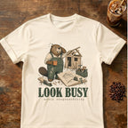 Beaver coffee graphic for Look Busy Beaver on natural T-shirt