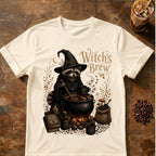 Raccoon coffee graphic for Witch's Brew Raccoon Coffee on natural T-shirt
