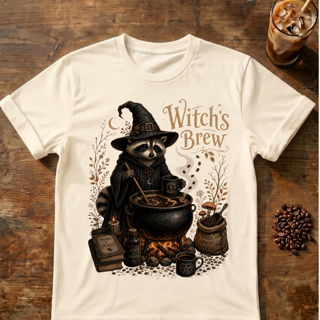 Raccoon coffee graphic for Witch's Brew Raccoon Coffee on natural T-shirt