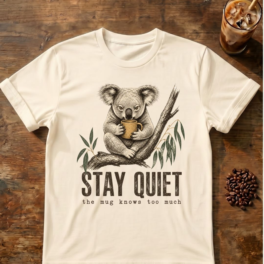 Koala coffee graphic for Stay Quiet Koala on natural T-shirt