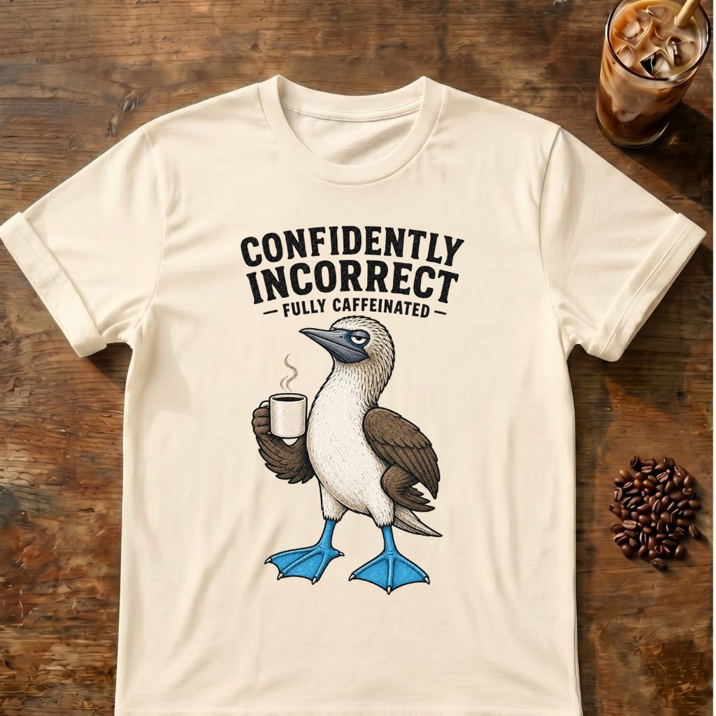 Blue-footed booby “Confidently Incorrect” graphic on a Natural T-shirt