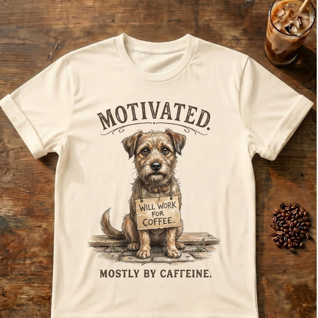 Dog “Will Work for Coffee” graphic on a Natural T-shirt