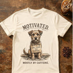 Dog “Will Work for Coffee” graphic on a Natural T-shirt