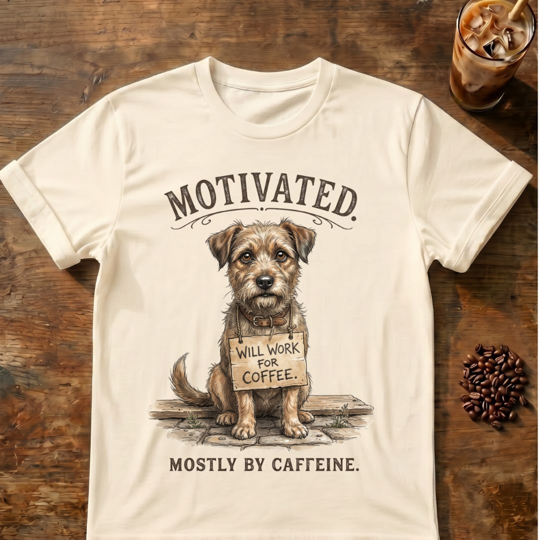 Dog “Will Work for Coffee” graphic on a Natural T-shirt