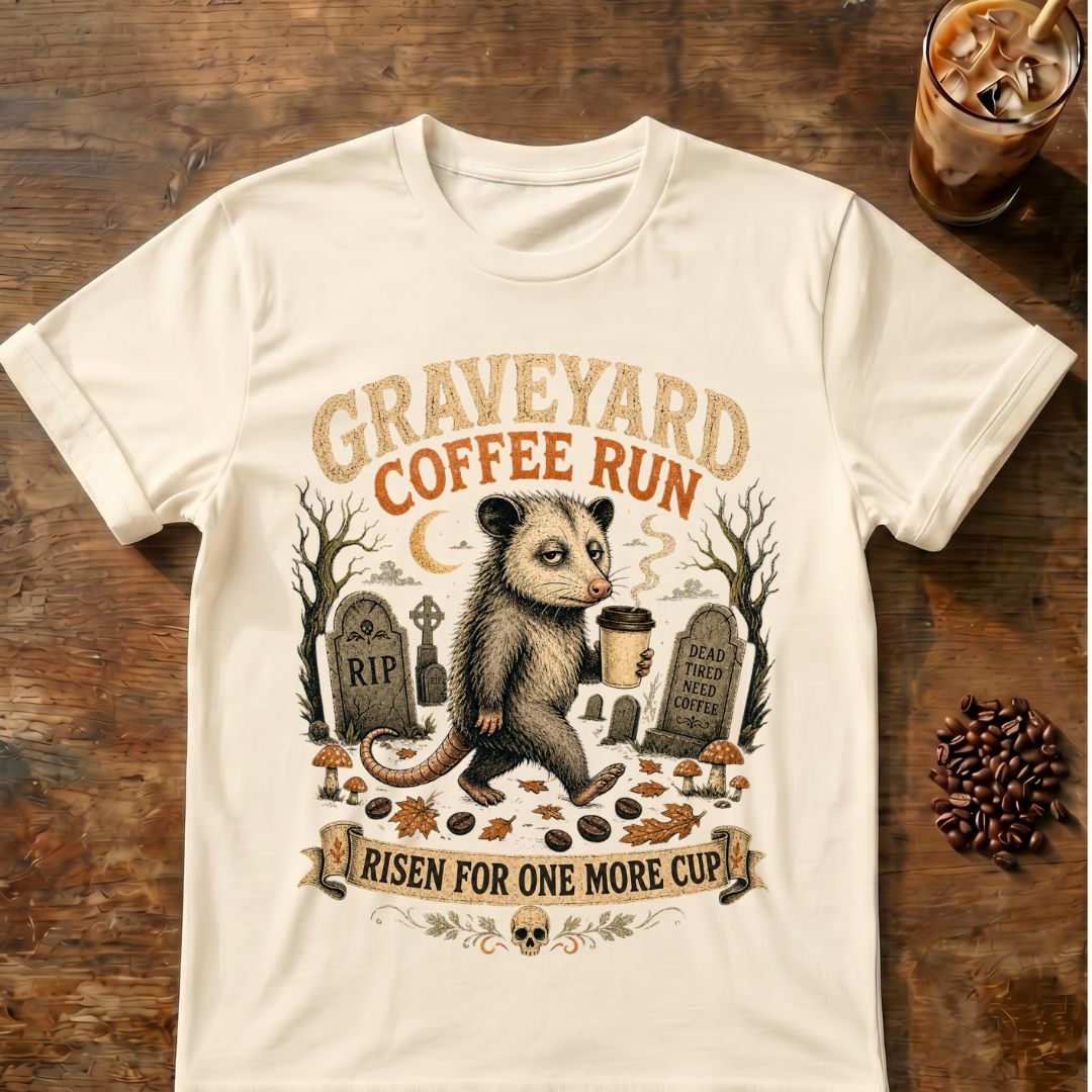 Opossum coffee graphic for Graveyard Coffee Run Opossum on natural T-shirt