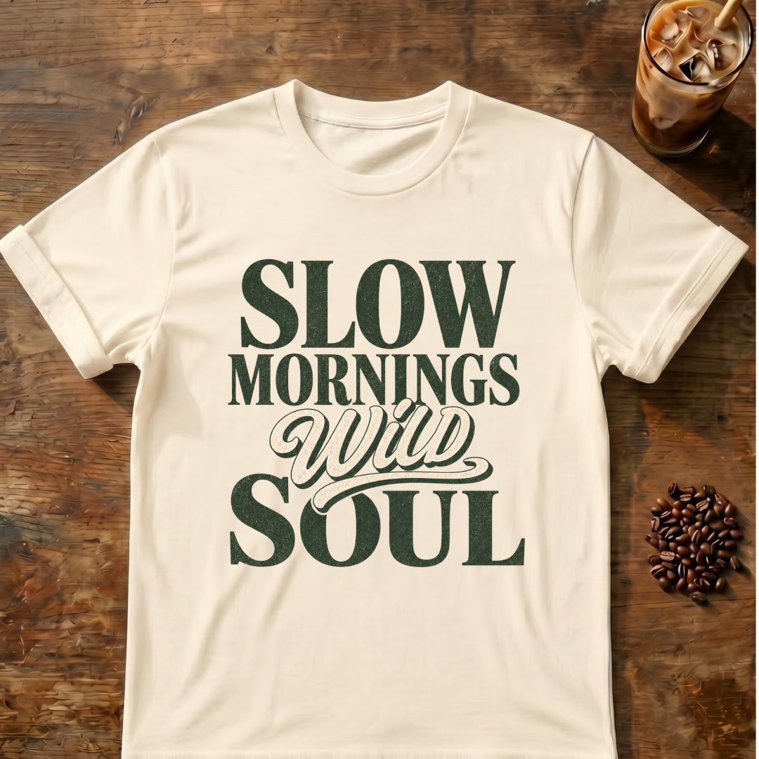 Coffee graphic for Slow Mornings Wild Soul on natural T-shirt