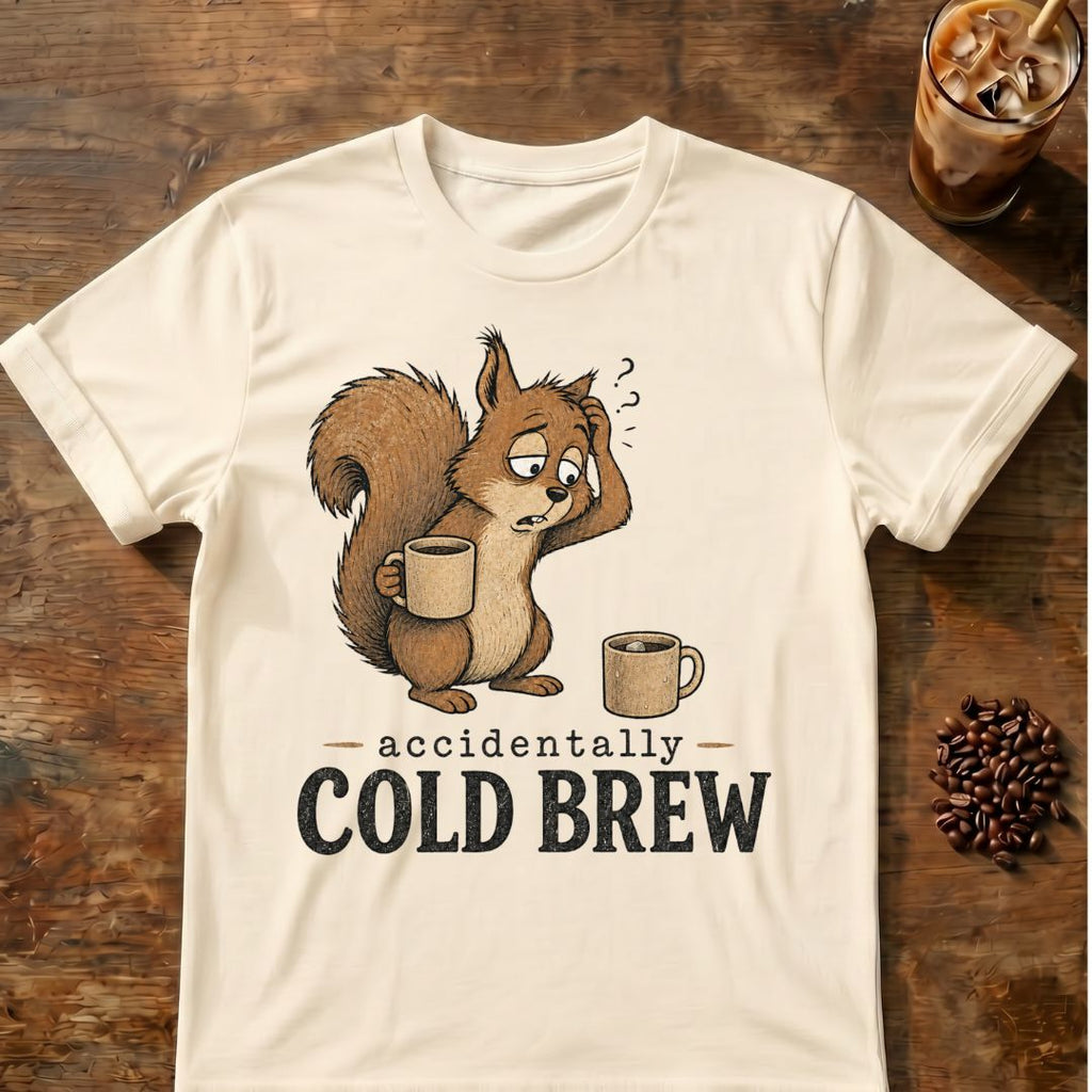 Cold brew squirrel coffee graphic on a Natural T-shirt